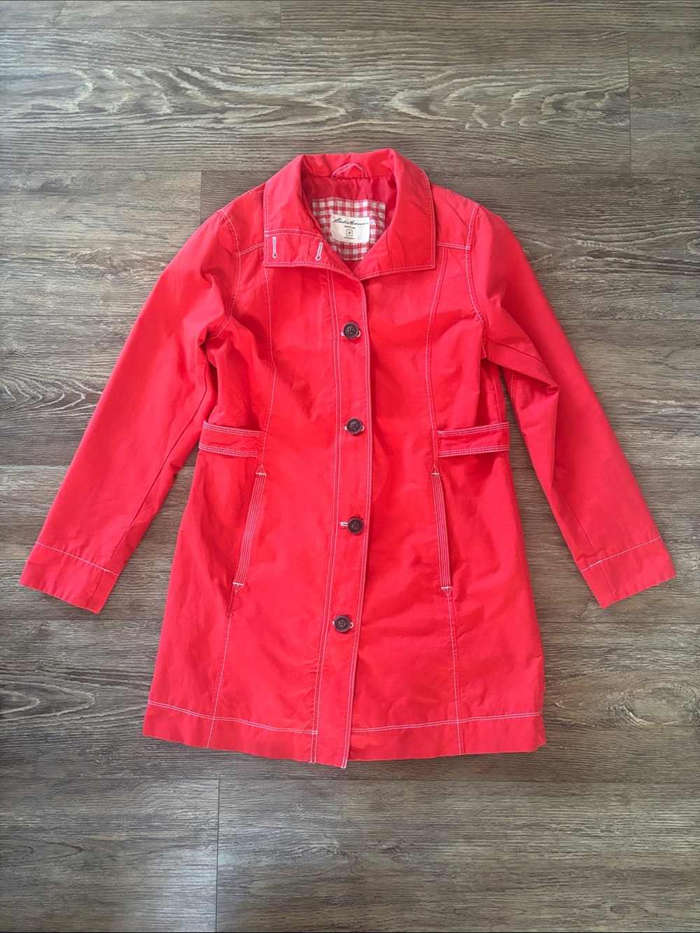 Eddie Bauer Button-Up Trench Coat Red Lined Pockets Cotton Blend Women's Medium